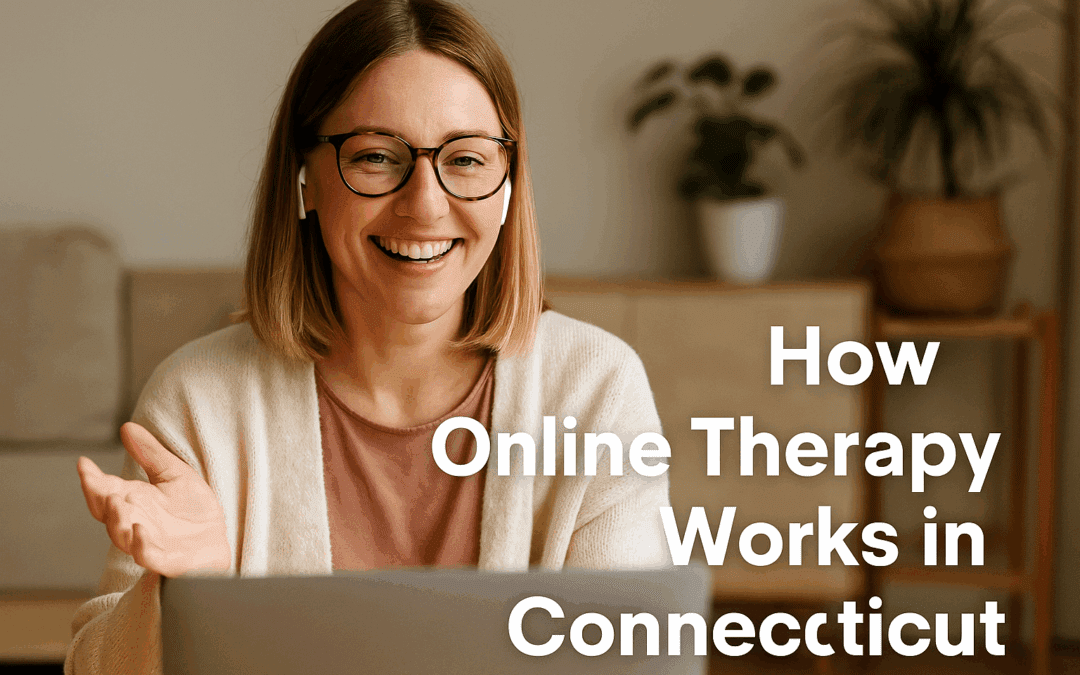 A warm, welcoming therapist smiling on a video call with a client from Connecticut, showing what online therapy looks like.